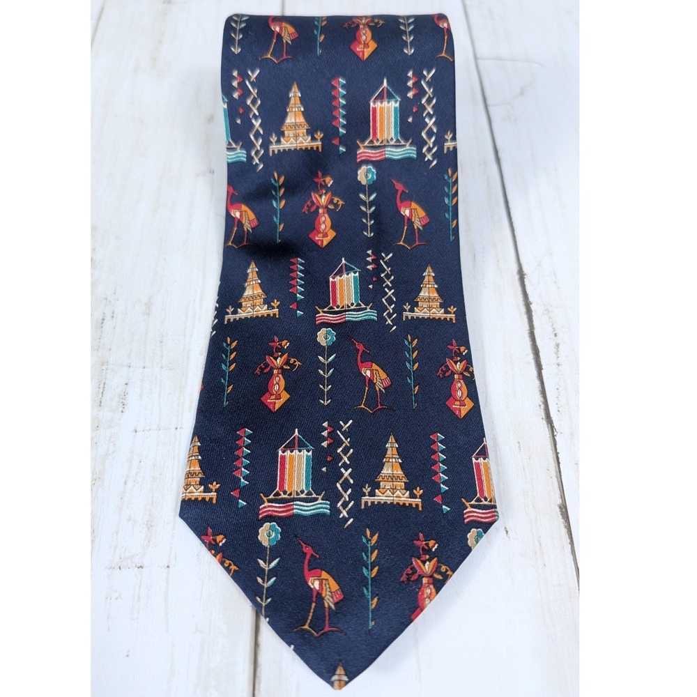 Salvatore Ferragamo Silk Vintage Necktie Men's Navy Blue Crane Pagoda Italy